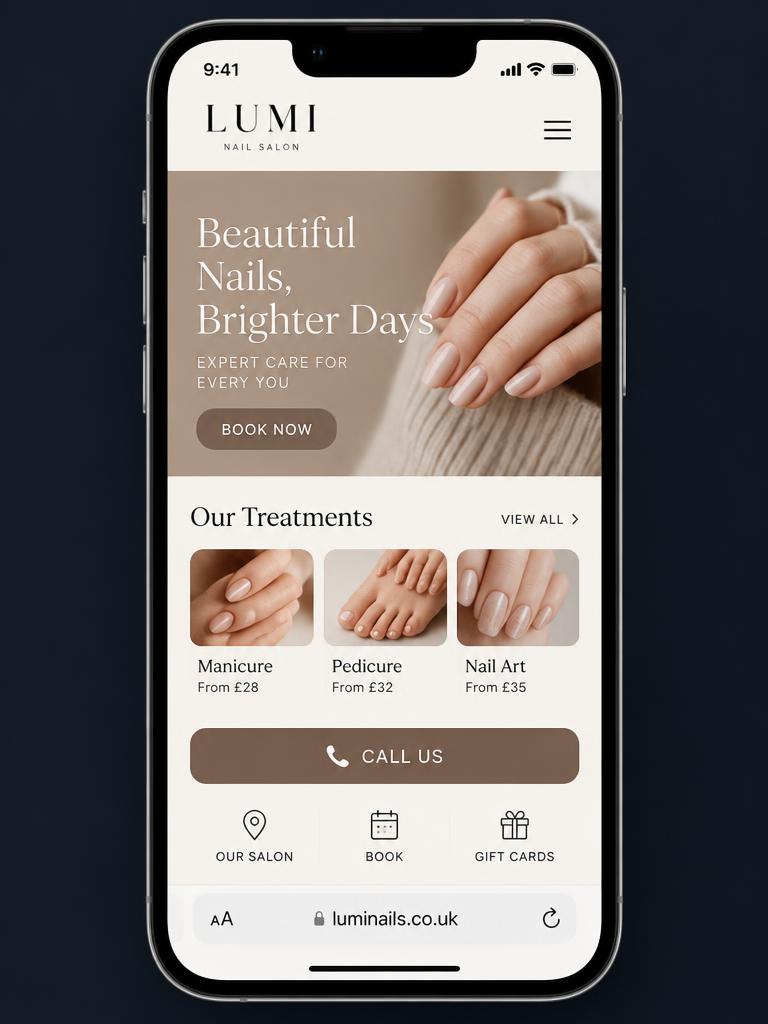 Southwell Nails & SPA concept website shown on a phone